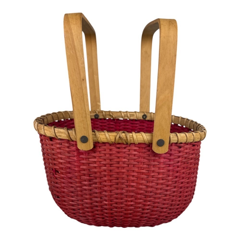 Red Woven Oval Basket with Double Wood Swing Handles Rustic Home Decor Primitive